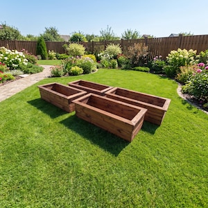 May include: Three rectangular wooden planters with a dark brown finish. Each planter features a sturdy, open-top design with thick, flat edges, arranged in a cluster on a green lawn. The planters are constructed from horizontal wood planks.
