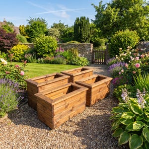 May include: Four rectangular wooden planters with a natural brown finish and thick top rims. The planters are arranged in a cluster on a gravel path, featuring a sturdy construction with visible wood grain and horizontal plank siding.