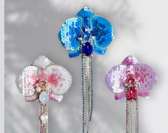 Broche en cristal d'orchidée, broche fleur faite main, broche brodée