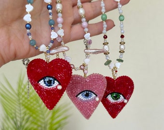 Handmade Evil eye necklace , heart eye embroidered necklace , y2k necklace , pearl choker , Evil eye jewelry