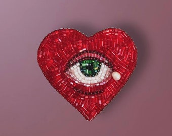 Lovers eye brooch , Evil eye beaded brooch , red heart eye brooch