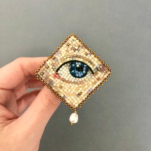 Victorian Lovers eye brooch, evil eye brooch, Beaded Brooch, Dark Academy Jewelry Rhombus