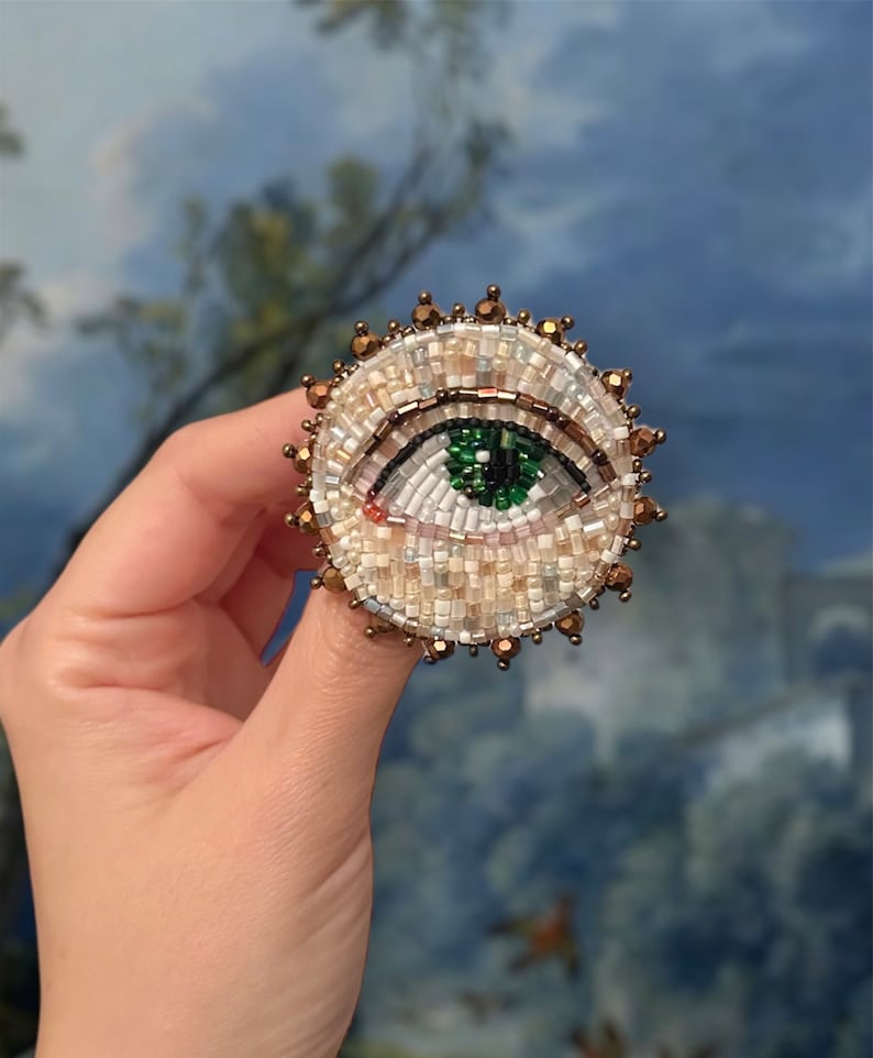 Victorian Lovers eye brooch, evil eye brooch, Beaded Brooch, Dark Academy Jewelry Circle 1