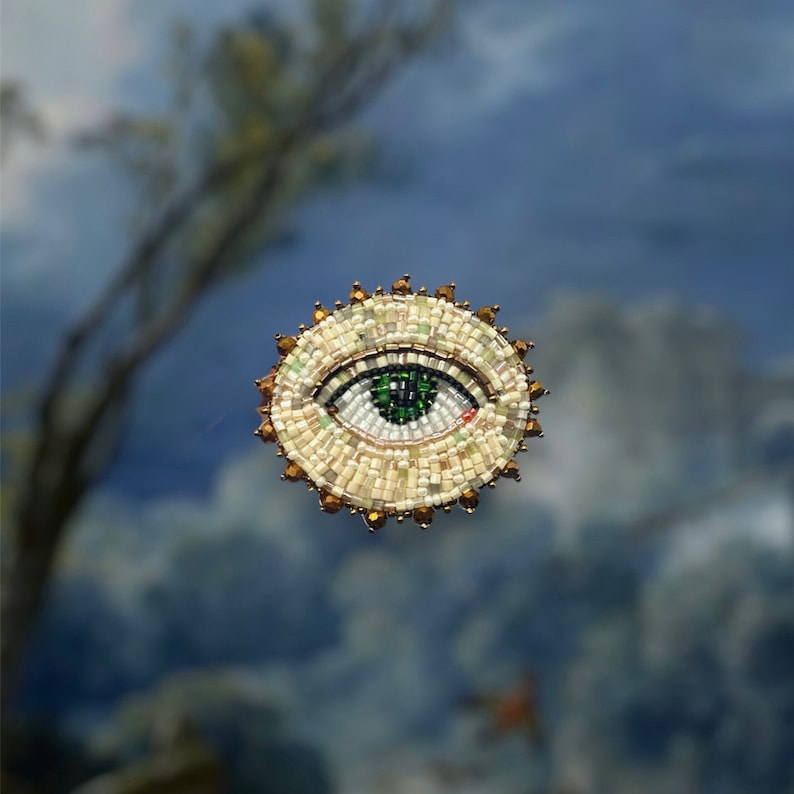 Victorian Lovers eye brooch, evil eye brooch, Beaded Brooch, Dark Academy Jewelry Oval green eye