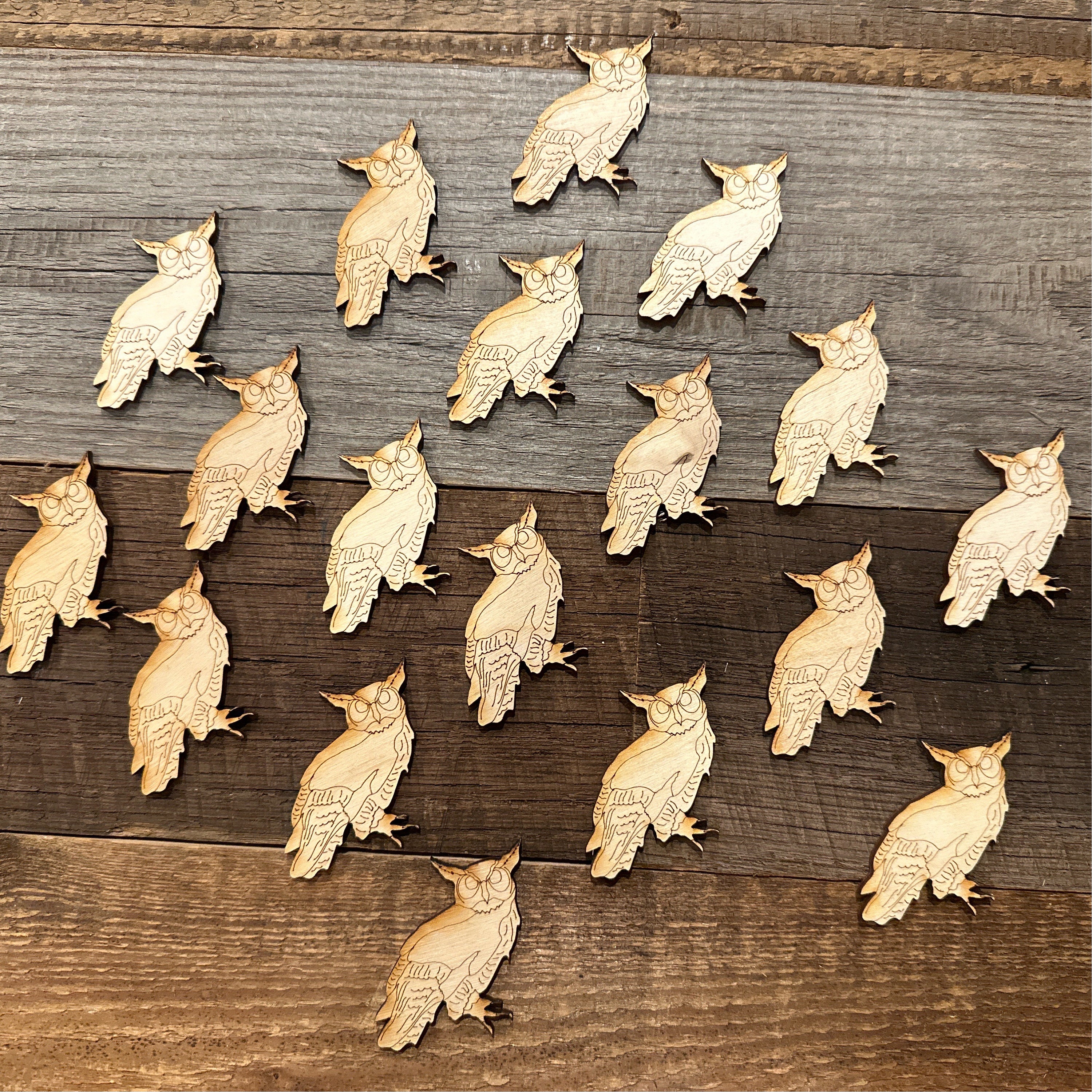 Laser cut decorative owls for crafts, great horned owl for crafting DIY home decor, small owls to co