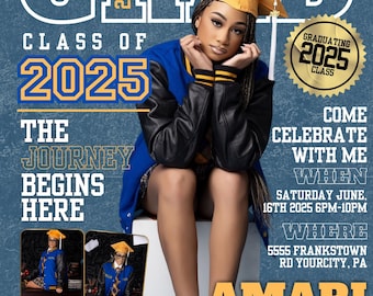 Peut inclure: Une annonce de graduation avec un thème bleu et or. L'annonce présente une photo d'un diplômé portant une veste bleu et or et un bonnet de graduation jaune. Le texte sur l'annonce se lit comme suit : "GRAD Classe de 2025 Le voyage commence ici" et "Venez fêter avec moi Quand Samedi juin, 16 juin 2025 18h00-22h00 Où 5555 Frankstown Rd Yourcity, PA Amari Johnson Le succès est gagné, pas donné".