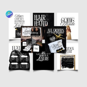 May include: A collage of promotional images for hair extensions and related services. The images feature text like "Hair on Hand," "Going Blonde," and "Luxury." The color scheme is primarily black and white, with some gold accents.