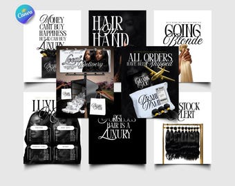 May include: A collage of promotional images for hair extensions and related services. The images feature text like "Hair on Hand," "Going Blonde," and "Luxury." The color scheme is primarily black and white, with some gold accents.
