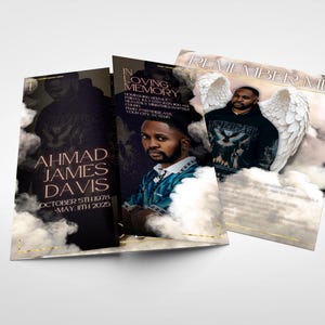 May include: Three memorial cards featuring images of a man, with text including "AHMAD JAMES DAVIS" and dates. One card has the words "REMEMBER ME" and an image of the man with angel wings. The cards are surrounded by cloud-like imagery.