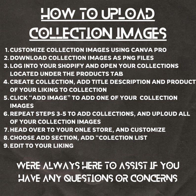 May include: A black and white graphic with the text "HOW TO UPLOAD COLLECTION IMAGES" at the top. The image provides a numbered list of instructions for uploading collection images, including using Canva Pro and adding images to Shopify.