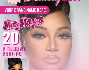 May include: A pink and white poster with the text "Beauty Edit" in large pink letters. The poster advertises 20 enticing looks and features a woman with a glamorous makeup look. The text "Beauty Redefined" is also featured on the poster.