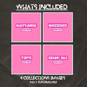 May include: A graphic with the text "WHATS INCLUDED" at the top. Four pink squares display the words "BOTTOMS", "DRESSES", "TOPS", and "SHOP ALL", each with a "SHOP NOW" button. The bottom text reads "4 COLLECTIONS IMAGES FULLY CUSTOMIZABLE".
