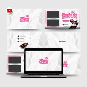 Könnte beinhalten: Ein Laptop, der ein YouTube-Video-Layout mit rosa Akzenten und dem Text "Soreal Monae" anzeigt. Das Design umfasst Video-Miniaturansichten, einen "Danke fürs Zuschauen"-Bildschirm und ein Mobiltelefon, das ein Video anzeigt. Der Hintergrund ist ein strukturiertes Weiß.