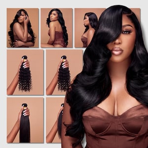 May include: A composite image displaying black hair extensions. The central image shows a woman with long, wavy black hair. Other images show bundles of hair in different styles, including curly and straight, held by hands with manicured nails. The backdrop is a neutral beige colour.