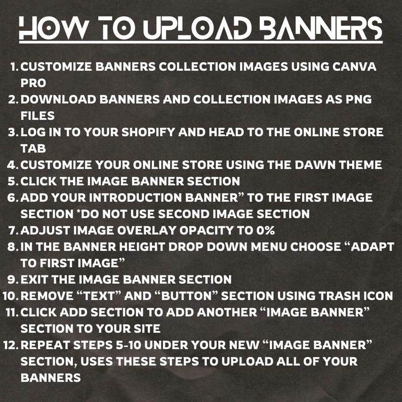 May include: A black and white graphic with the text "HOW TO UPLOAD BANNERS" at the top. The image provides a numbered list of instructions for uploading banners, including steps for customizing images, using Canva Pro, and adjusting settings.