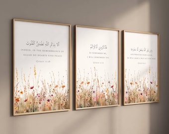 Arte mural islámico imprimible con versículos del Corán (juego de 3), citas del Corán, citas motivacionales islámicas, pósteres musulmanes para decoración de pared, arte digital islámico
