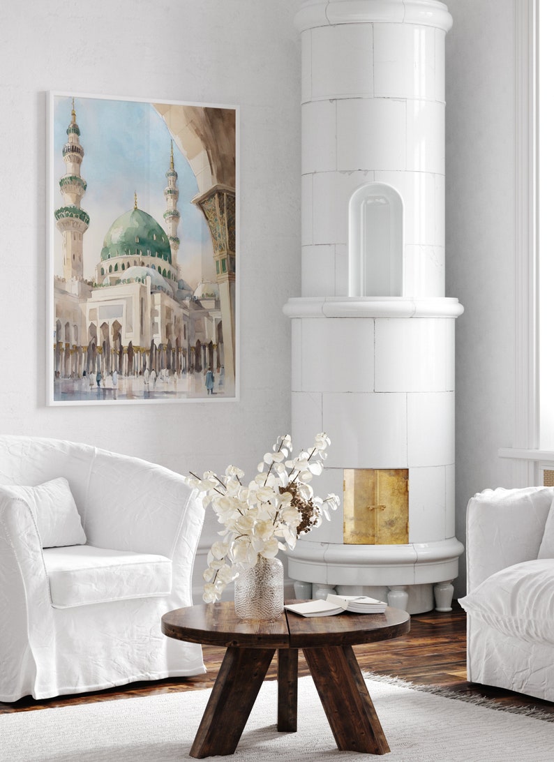 Masjid Nabawi Mosque Wall Art, Islamic Digital Print, Printable Mosque Painting, Madinah Poster, Muslim Home Decor, Muslim Digital Download image 4