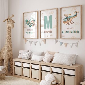 Islamic Nursery Prints, Muslim Baby Arabic Frame, Eid Gift For Kids, Islamic Wall Art Set of 3,  Digital Nursery Decor Muslim Boy, Blue Beige Custom Islamic Printable Wall Art Set Of 3, Personalised Islamic Gift for Boy Son Nephew, Blue Islamic Kids Room Prints, Start With Bismillah, End With Alhamdulillah, Airplane Wall Art For Kids