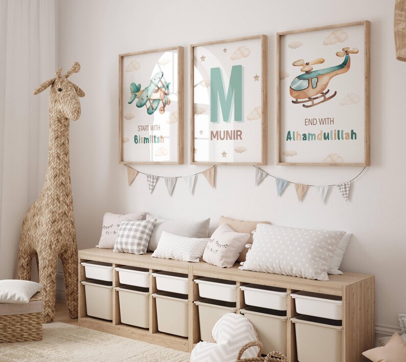 Islamic Nursery Prints, Muslim Baby Arabic Frame, Eid Gift For Kids, Islamic Wall Art Set of 3,  Digital Nursery Decor Muslim Boy, Blue Beige Custom Islamic Printable Wall Art Set Of 3, Personalised Islamic Gift for Boy Son Nephew, Blue Islamic Kids Room Prints, Start With Bismillah, End With Alhamdulillah, Airplane Wall Art For Kids