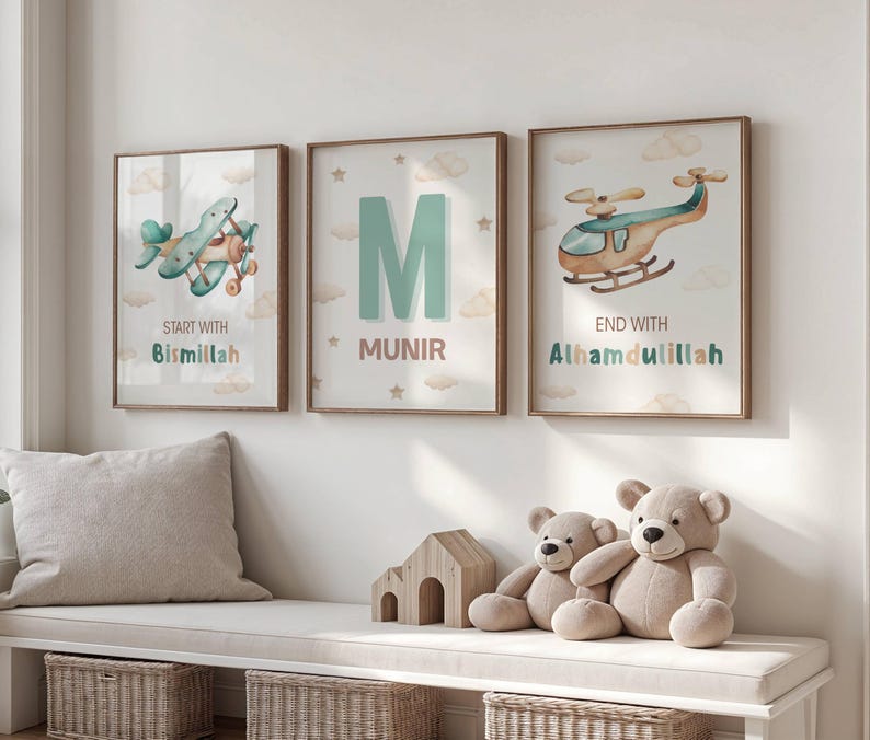 Islamic Nursery Prints, Muslim Baby Arabic Frame, Eid Gift For Kids, Islamic Wall Art Set of 3,  Digital Nursery Decor Muslim Boy, Blue Green Beige Custom Islamic Printable Wall Art Set Of 3, Personalised Islamic Gift for Boy Son Nephew, Blue Islamic Kids Room Prints, Start With Bismillah, End With Alhamdulillah, Airplane Wall Art For Kids