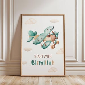 Islamic Nursery Prints, Muslim Baby Arabic Frame, Eid Gift For Kids, Islamic Wall Art Set of 3,  Digital Nursery Decor Muslim Boy, Blue Beige Custom Islamic Printable Wall Art Set Of 3, Personalised Islamic Gift for Boy Son Nephew, Blue Islamic Kids Room Prints, Start With Bismillah, End With Alhamdulillah, Airplane Wall Art For Kids