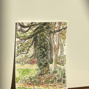 Aquarelle originale A6 paysage Rennes parc arbres banc automne vert