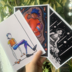 Lot de trois illustrations de femmes, méditation, force, résilience, nature, cartes imprimées