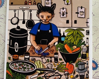 Illustration d'un cuisinier dans sa cuisine préparant de délicieuses recettes, tirage d'art gourmand, légumes, art de la table