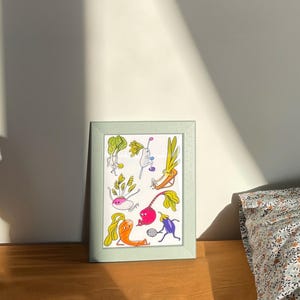 Funny vegetables doing diverse activities, gift card and posters, wall art and botanic