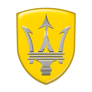 Può includere: Uno stemma giallo a forma di scudo con un design a tridente argentato. Il tridente ha tre punte e una base con tre linee orizzontali.