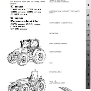 Puede incluir: Un manual titulado "C max Operation and maintenance manual" con ilustraciones de tractores. El manual enumera los modelos de tractores y los capítulos, incluyendo "Introducción, Garantía y Notas de Seguridad" e "Instrumentos y Controles".