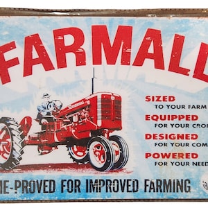 Collectible Antique Reproduction for Farmall "Time-Proved for Improved Farming" Metal Sign 11-3/4" x 7-3/4" with 4 Mounting Holes