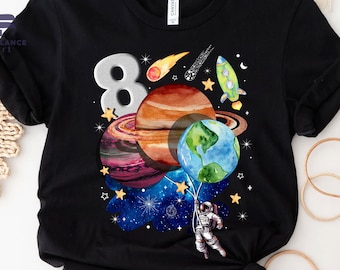 Custom Kids Birthday Astronaut Shirt, Balloon Planets Galaxy Tshirt, Astronomy Birthday Gift for Kids, Celestial Outer Space Tee