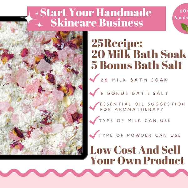 Recette DIY de bain au lait, Sel de bain, À faire vous-même, Entreprise de soins de la peau faits main, Produit naturel, Instructions pratiques, Imprimable, Livre électronique de recettes de soins de la peau