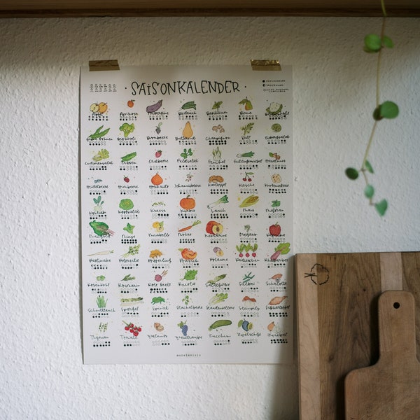Saisonkalender Poster DIN A3 / Obst, Gemüse, Nüsse & Kräuter / regionale, saisonale Ernährung / Poster für die Küche / ewiger Kalender