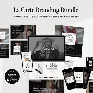 May include: A branding bundle for a business called "La Carte" featuring a website template, social media graphics, and a slide deck. The graphics are black and white with a minimalist design and feature a woman wearing a hat and a scarf.