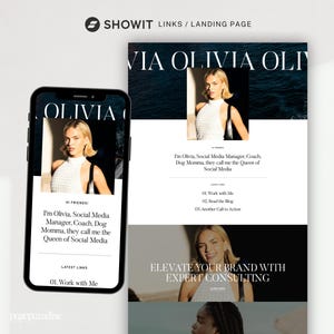 May include: A website landing page with a black and white color scheme. The page features a woman's headshot and text that reads "VIA OLIVIA" and "I'm Olivia, Social Media Manager, Coach, Dog Momma, they call me the Queen of Social Media". The page also includes a call to action button that reads "Work with Me".