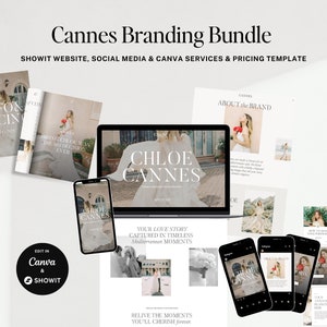 May include: A branding bundle for wedding photographers featuring a website template, social media graphics, and Canva templates. The bundle includes a logo with the text "Chloe Cannes" and the tagline "Your love story captured in timeless Mediterranean moments".