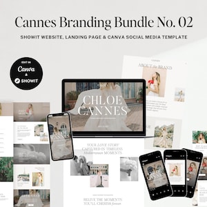May include: A branding bundle for photographers, featuring a website template, landing page, and social media graphics. The bundle is designed to be edited in Canva and Showit, and features a white and gold color scheme with the text "Chloe Cannes" and "Your Love Story Captured in Timeless Mediterranean Moments".