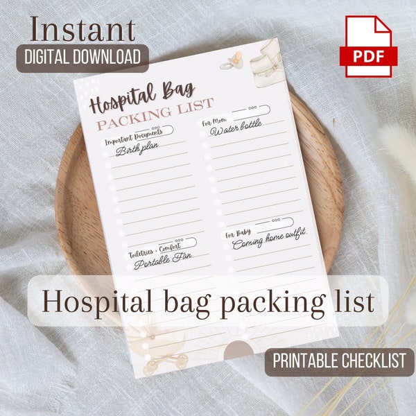 Hospital Bag Packing List Delivery Checklist for New Mom Baby Birth Easy Packing Birth Checklist Printable Digital Download for New Moms