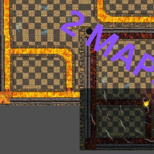 May include: Two fantasy battle maps with a chequered floor design. One map features a fiery orange border, while the other has a dark red border. The maps are designed for tabletop role-playing games.