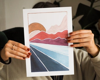 Sylwetka góry – grafika artystyczna | Plakaty | Drukuj | Ilustracja | Akwarela | Wpisz | plakat | Wschód słońca | góry | Natura | Na powietrzu