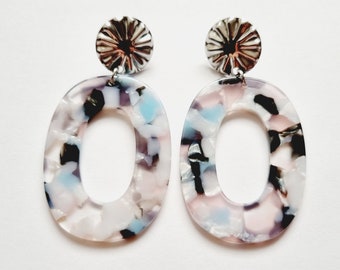 Pastel blue pink white earrings in silver stainless steel acetate graphic stud trendy acrylic gift idea for woman mom