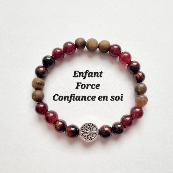 Bracelet enfant Force Confiance en soi arbre de vie yin yang oeil de taureau oeil de tigre grenat pierres naturelles cadeau garçon fille