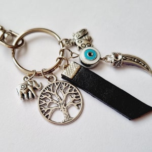 Porte clés et carte porte bonheur WISH arbre de vie éléphant corne d'abondance coccinelle oeil de la chance cuir noir idée cadeau
