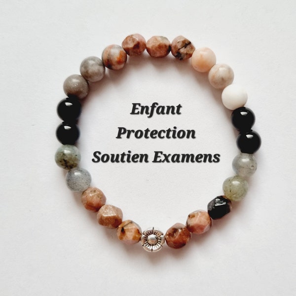 Bracelet enfant protection Examens Concours concentration pierres naturelles fleur rhodonite labradorite grise jaspe zèbre onyx noir