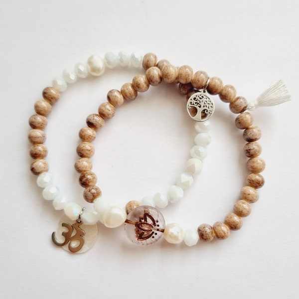 Ensemble de bracelets ethniques bohème chic perles marron glacé céramique blanc verre fleur lotus arbre de vie ohm cadeau intemporel femme