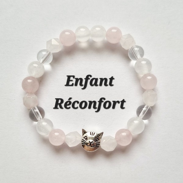 Bracelet enfant RÉCONFORT en quartz rose pierre de lune et cristal de roche fleur arbre de vie chat strass idée cadeau anti stress anxiété