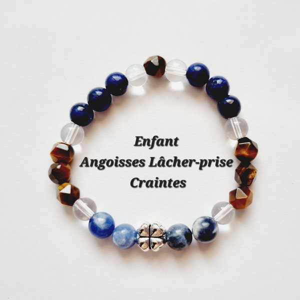 Bracelet enfant Angoisses Lâcher-prise Craintes lapis lazuli sodalite œil de tigre cristal de roche pierres naturelles trèfle garçon fille