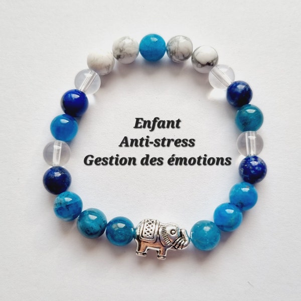 Bracelet enfant anti stress Gestion émotions Apatite bleue lapis lazuli howlite cristal roche pierres naturelles éléphant fer cheval coeur